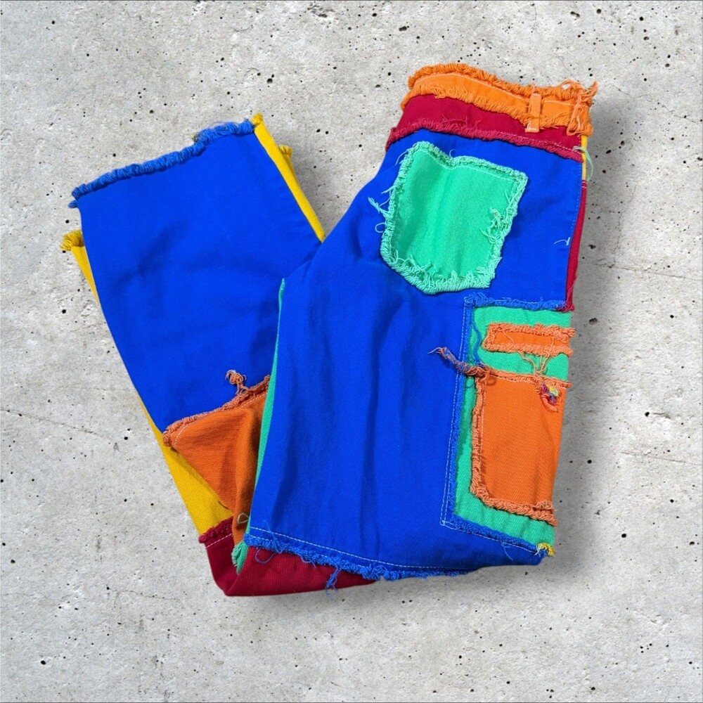 SHEIN Womens Size Large Multicolor Rainbow Patchwork Raw Hem Wide Leg Jeans